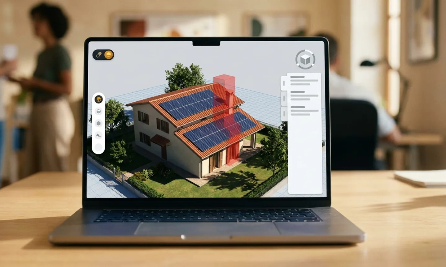 Sul portatile, la casa in 3D dal drone: pannelli sulle falde, comignolo riconosciuto e ombre.